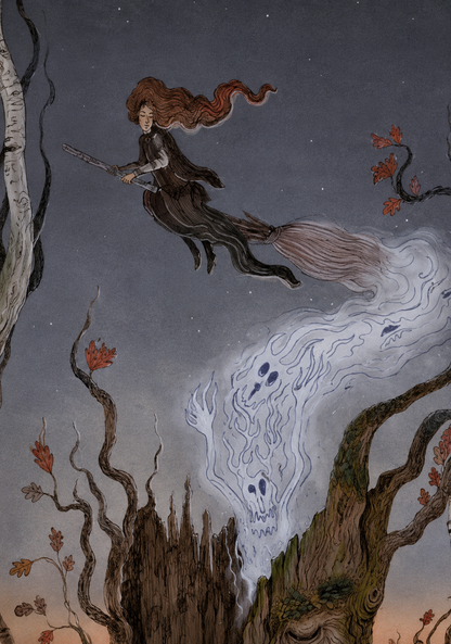 Detailed fantasy forest illustration featuring witches gathered around an ancient tree spirit at twilight, with a ghostly woodland creature and flying witch. Rich earthy colors, folklore-inspired giclée print, vertical wall art for cozy home decor.