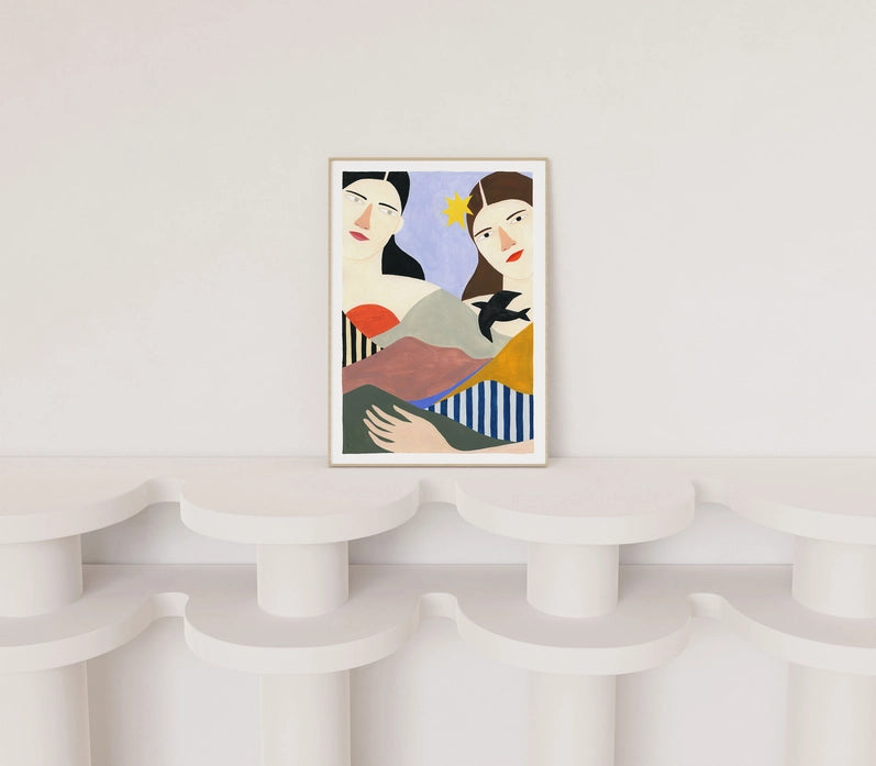 Modern illustration of two women blended into a colorful mountain landscape, with bold shapes and abstract forms – Mountains & Woman by Depeapa, A3 giclée art print made in Spain.