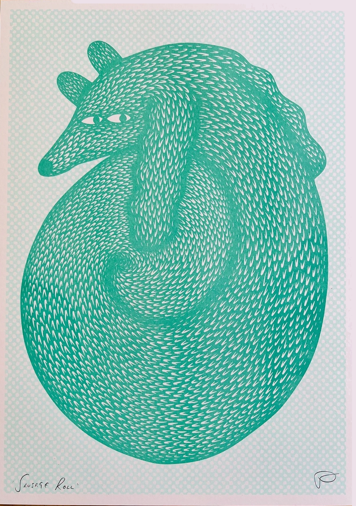 Playful risograph illustration of a curled-up green animal resembling a fox or dog, with hypnotic, swirling fur patterns and expressive eyes, titled Sausage Roll by Strangford, printed on A3 recycled paper in Northern Ireland.