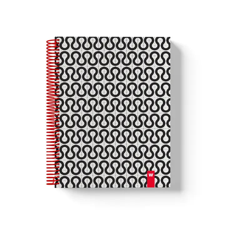 A5 spiral notebook by Weew Smart Design featuring a bold black geometric circle pattern on a grey recycled paper cover, red spiral binding, and 200 blank pages – modern minimalist stationery for everyday use.