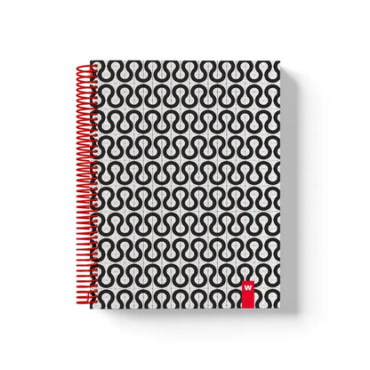 A5 spiral notebook by Weew Smart Design featuring a bold black geometric circle pattern on a grey recycled paper cover, red spiral binding, and 200 blank pages – modern minimalist stationery for everyday use.