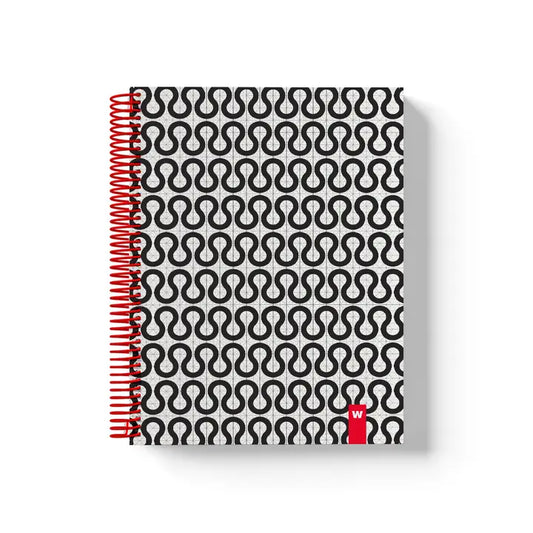 A5 spiral notebook by Weew Smart Design featuring a bold black geometric circle pattern on a grey recycled paper cover, red spiral binding, and 200 blank pages – modern minimalist stationery for everyday use.
