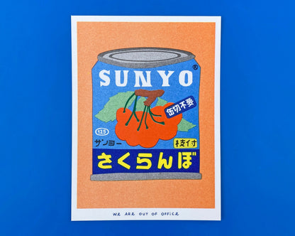 Colorful risograph art print of a Japanese can of cherries titled Canned Cherries by We Are Out Of Office, featuring bold retro typography and six-color rice-ink printing on Biotop 300g paper. Perfect wall art for pop art and Japanese design lovers.