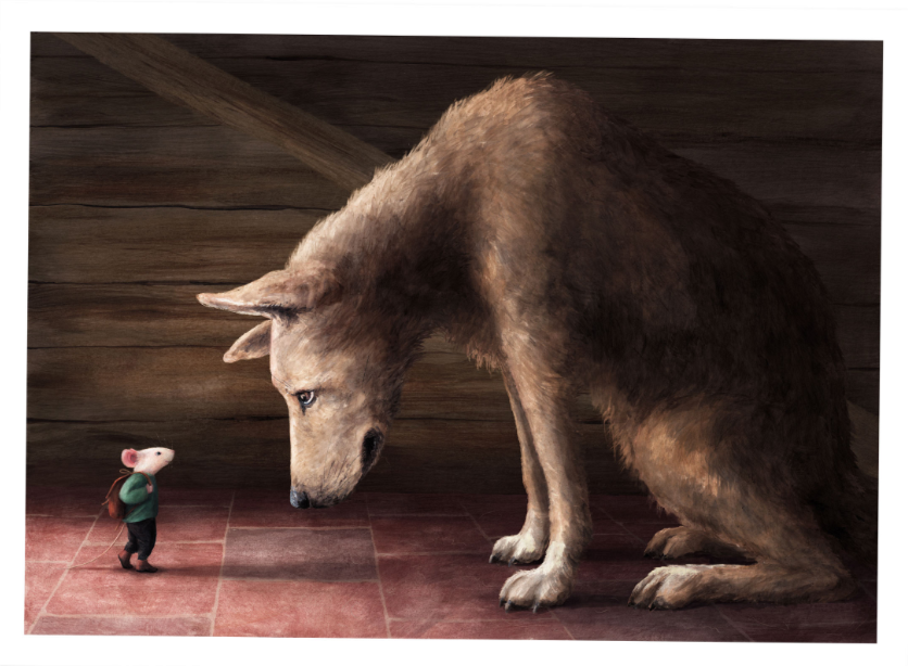 High-quality digital art print A House for Mouse by Stien van Kerckhoven, showing a touching moment between a small mouse with a backpack and a large wolf inside a wooden cabin, symbolizing friendship, courage, and tenderness — perfect wall art for cozy, emotional interiors.