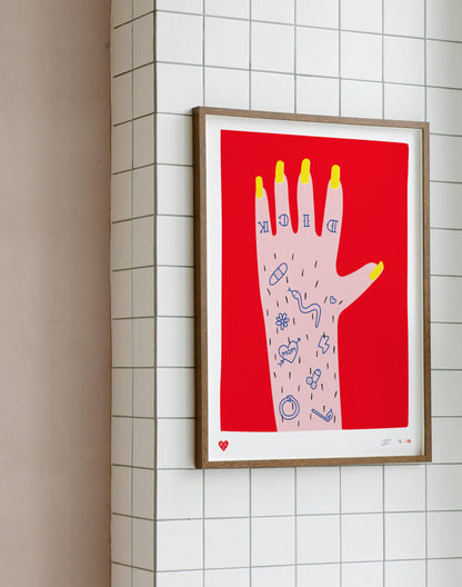 Playful hand-illustration with yellow nails and humorous tattoos on pink skin, bold red background – Nailed it hand by Dicks Don’t Lie, limited edition screenprint.