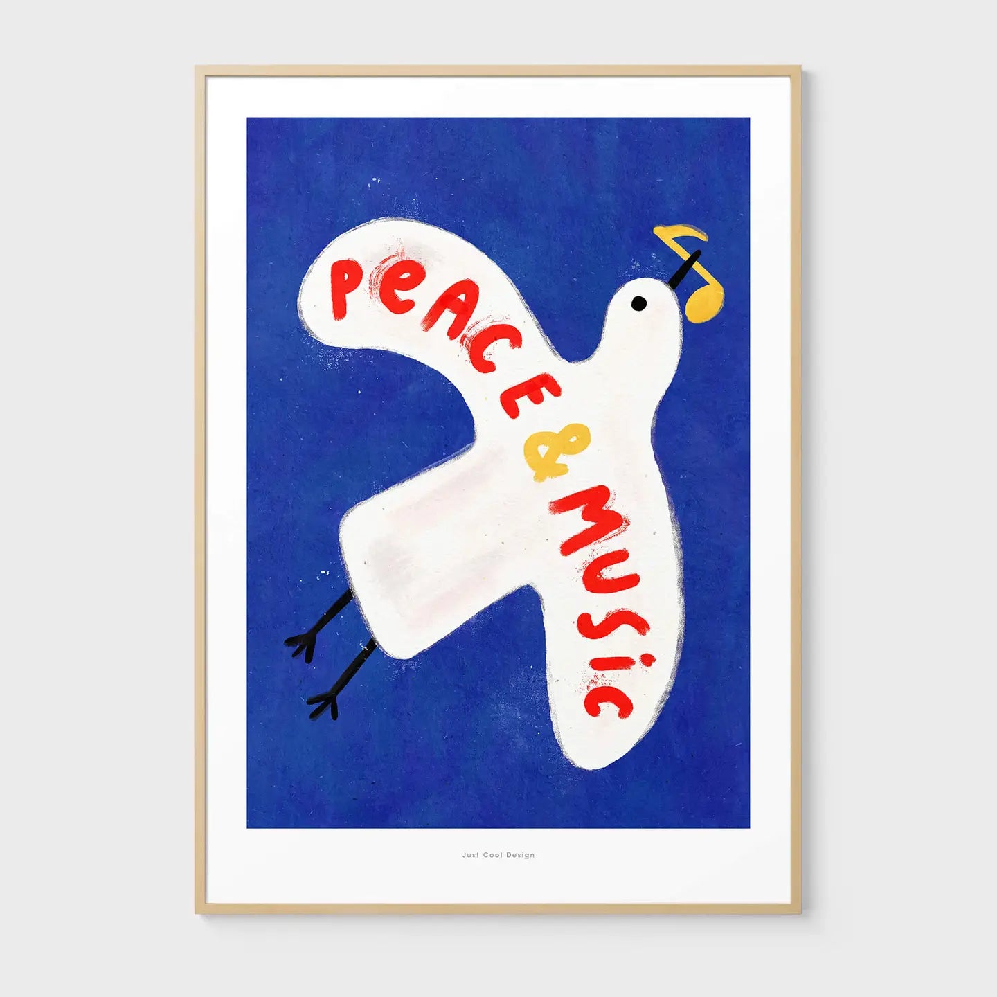Colorful art print of a white pigeon carrying a yellow musical note on a deep blue background with the hand-painted phrase “Peace & Music” in red and yellow letters. Whimsical and modern illustration by Just Cool Design, perfect wall art for music lovers and optimistic interiors.