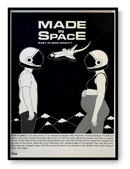 Black and white screenprint poster Made in Space by Studio Stoutpoep showing two astronauts facing each other with spaceship above in a minimalist graphic style.
