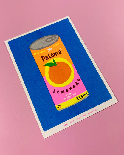 Colorful risograph print of a retro-style Paloma lemonade can with pink grapefruit label on blue background – Paloma Lemonade by We Are Out Of Office, 13 x 18 cm art print.