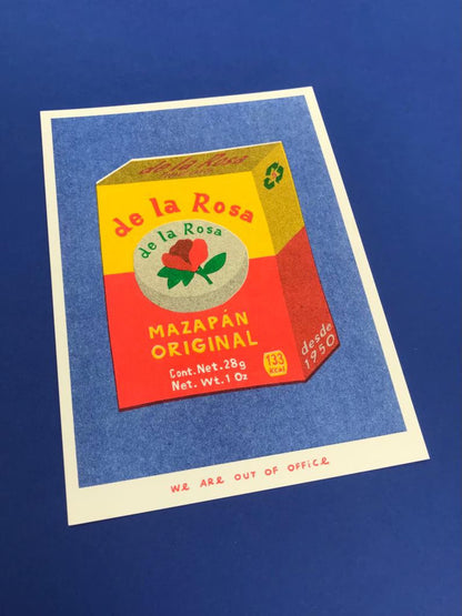 Mazapan Original risograph print by We Are Out of Office – colorful pop-style illustration of a traditional Mexican marzipan candy box, printed with soy ink on 300g Biotop paper in the Netherlands.
