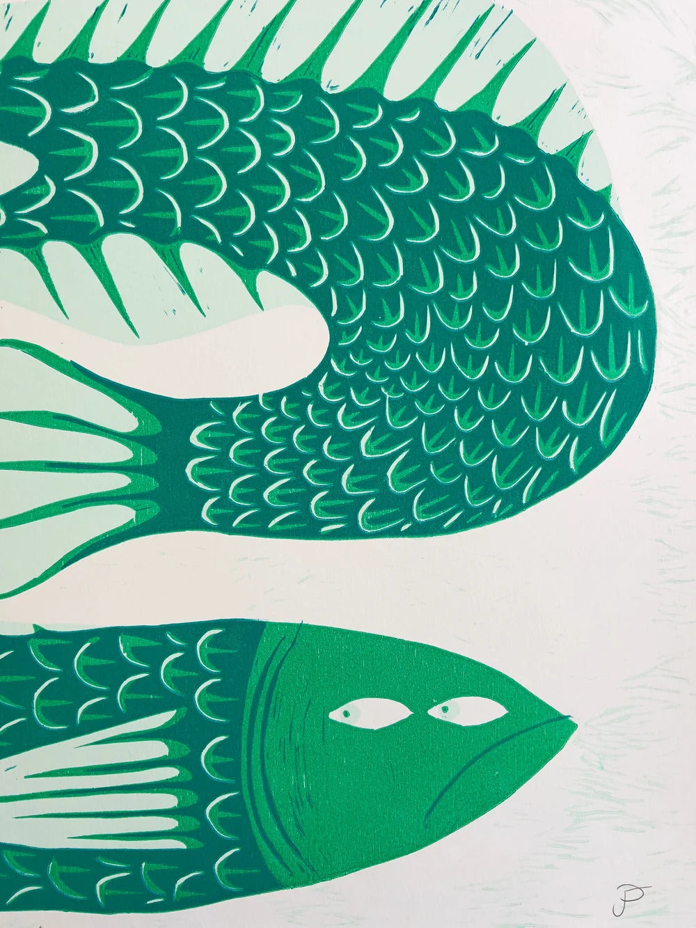 Limited edition risograph art print titled Gill Behaviour by Northern Irish artist Strangford. The artwork features two green fish with expressive eyes, intertwined in a surreal underwater embrace. Printed on recycled A3 paper using linocut and oil-based inks. Edition 56 of 93. Bold, quirky, and handmade—perfect for collectors and lovers of whimsical animal art.