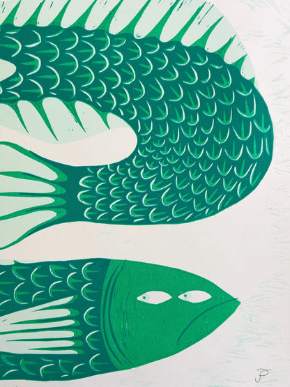 Limited edition risograph art print titled Gill Behaviour by Northern Irish artist Strangford. The artwork features two green fish with expressive eyes, intertwined in a surreal underwater embrace. Printed on recycled A3 paper using linocut and oil-based inks. Edition 56 of 93. Bold, quirky, and handmade—perfect for collectors and lovers of whimsical animal art.