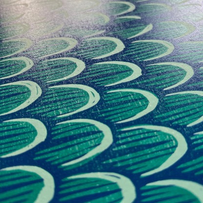 Limited edition 50 x 70 cm woodcut titled Waddle I Do by Northern Irish artist Strangford. Features a whimsical blue bird with expressive eyes and intricate feather textures, hand-printed using oil-based ink on 300g paper. Edition of 90, handcrafted in Northern Ireland.