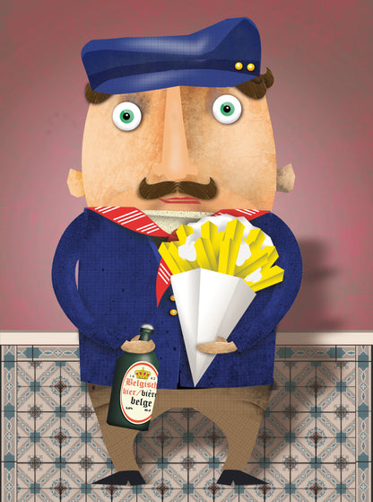 Colorful Belgian character illustration art print showing a stylized man holding fries and Belgian beer, playful graphic design by Studio Frits with vintage tile background.