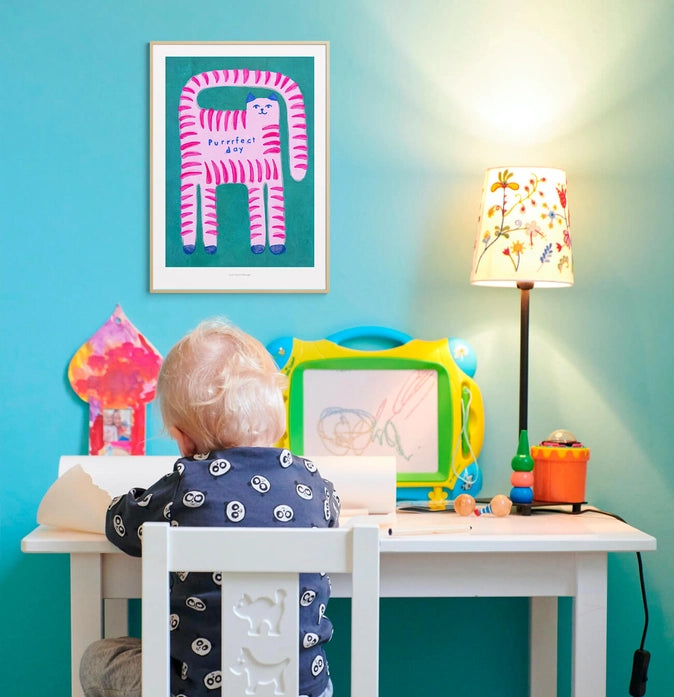Playful pink striped cat with “Purrrfect day” text on teal background – Purrrfect day by Just Cool Design, A5 giclée print made in Spain.