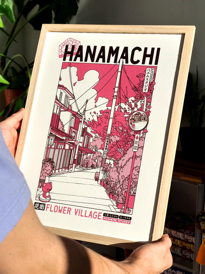 Hanamachi Flower Village poster by Paiheme Studio showing peaceful traditional Kyoto street with cherry blossoms and pink sky Japanese neighborhood illustration