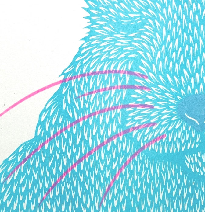 Risograph art print titled Siesta by Strangford, featuring a turquoise blue bunny with pink whiskers curled in a peaceful nap, printed on eco-friendly A3 recycled paper in Northern Ireland.