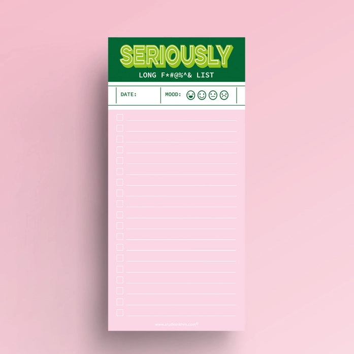 Funny pink and green notepad titled “Seriously Long F#@*%& List” by Studio Inktvis, perfect for extra-long to-do lists, printed in the Netherlands with 50 colorful pages for staying organized with style.