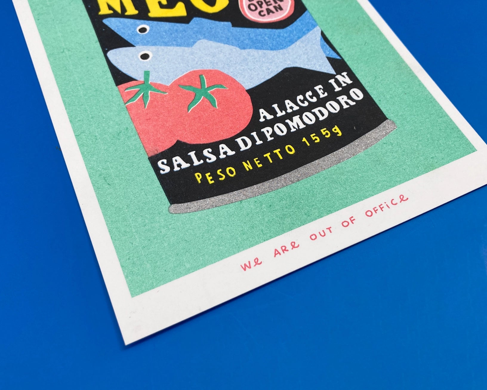 Colorful risograph print titled Can Mega Sardines by Dutch studio We Are Out Of Office, featuring a vintage-style sardine can design with tomatoes and bold typography, printed with eco-friendly soy inks on Biotop 300g paper — perfect for modern kitchen or pop art lovers.