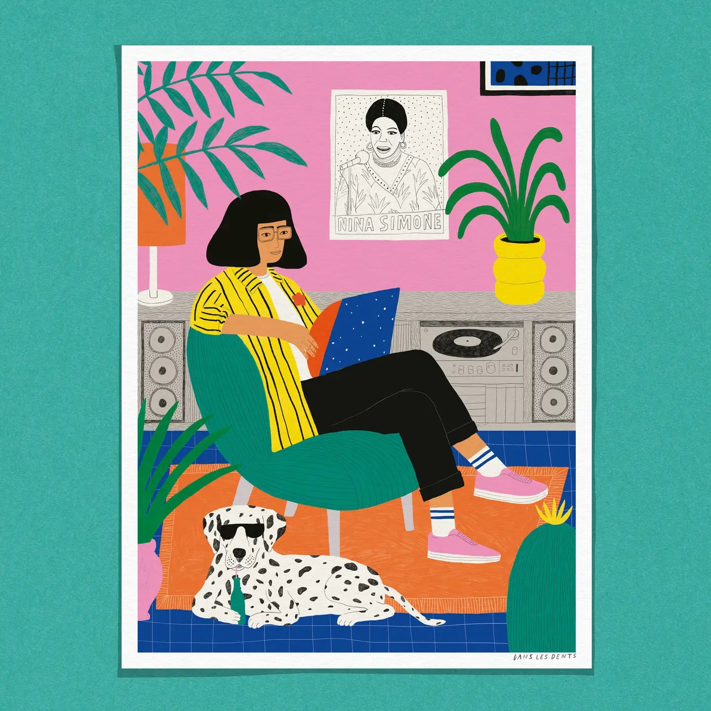 Illustration of a woman relaxing in a colorful living room with a Nina Simone poster, vinyl player, and Dalmatian dog wearing sunglasses; vibrant and playful art by Dans les Dents.