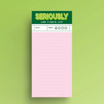 Funny pink and green notepad titled “Seriously Long F#@*%& List” by Studio Inktvis, perfect for extra-long to-do lists, printed in the Netherlands with 50 colorful pages for staying organized with style.