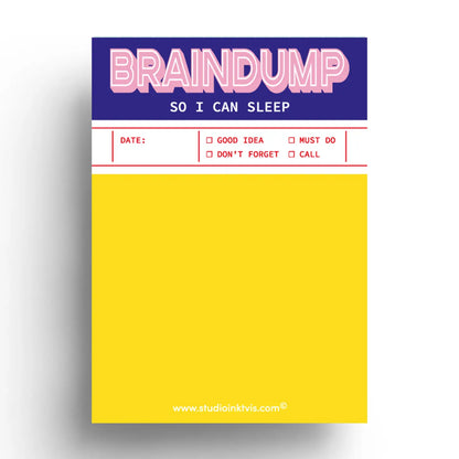 Bright yellow A6 notepad titled “Braindump so I can sleep” by Studio Inktvis, with checkboxes for tasks and ideas, ideal for mental clarity and night-time planning, printed in the Netherlands.