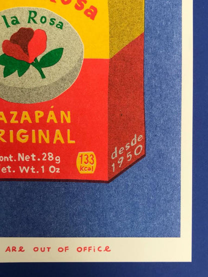 Mazapan Original risograph print by We Are Out of Office – colorful pop-style illustration of a traditional Mexican marzipan candy box, printed with soy ink on 300g Biotop paper in the Netherlands.
