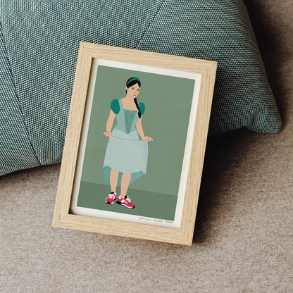 "Feet on the Ground" by Doriane Millet – minimalist illustration of a modern girl in a fairytale-style dress and red sneakers, standing confidently on a muted green background; whimsical and empowering wall art print blending classic and contemporary styles, available at Galerie Frits