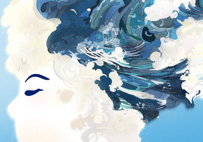 Fine art giclée print by Giu Watercolor of a dreamy female figure with flowing hair that turns into ocean waves, symbolizing freedom and the sea, 30 x 40 cm.