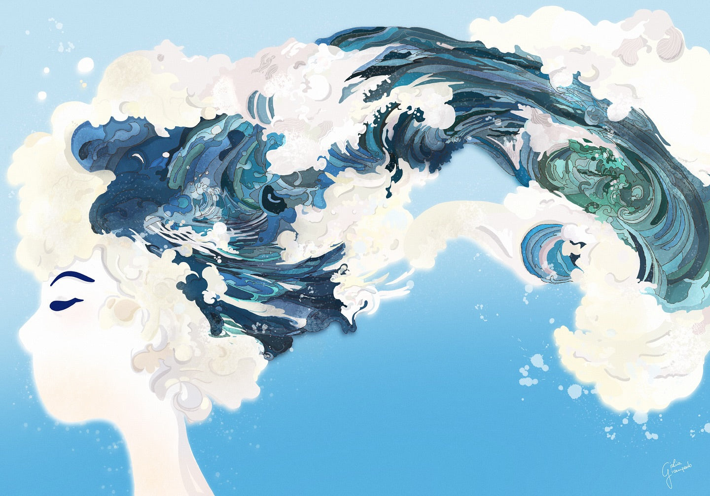 Fine art giclée print by Giu Watercolor of a dreamy female figure with flowing hair that turns into ocean waves, symbolizing freedom and the sea, 30 x 40 cm.