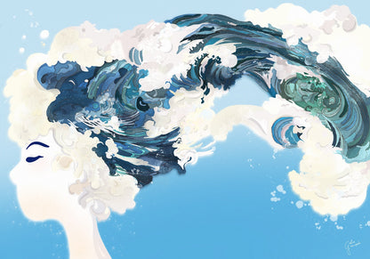Fine art giclée print by Giu Watercolor of a dreamy female figure with flowing hair that turns into ocean waves, symbolizing freedom and the sea, 30 x 40 cm.