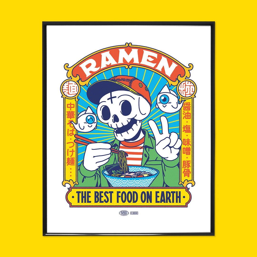 Ramen Best Food art print by Yeaaah Studio featuring skeleton character eating ramen with colorful Japanese pop culture illustration kitchen wall decor
