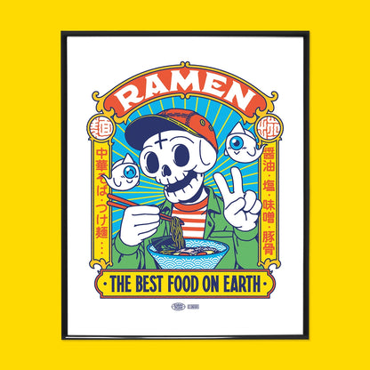 Ramen Best Food art print by Yeaaah Studio featuring skeleton character eating ramen with colorful Japanese pop culture illustration kitchen wall decor