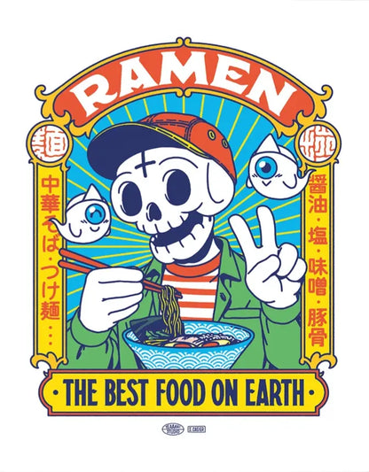 Ramen Best Food art print by Yeaaah Studio featuring skeleton character eating ramen with colorful Japanese pop culture illustration kitchen wall decor
