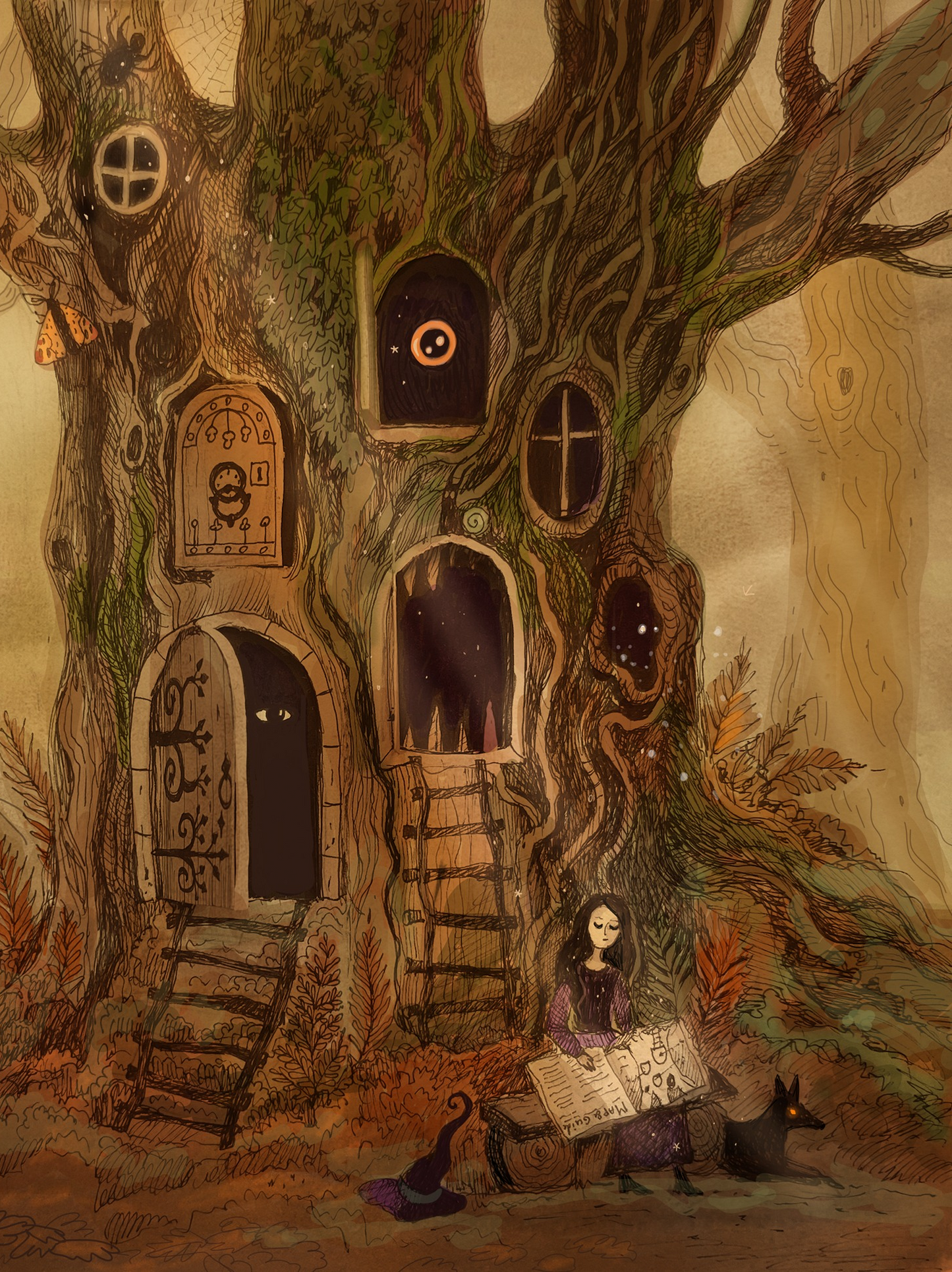 Whimsical fantasy treehouse illustration by Lena Yampolski featuring magical doors, hidden windows, a young witch reading beside a black fox, and enchanted forest details in warm earthy tones. Vertical giclée wall art for cozy home decor.