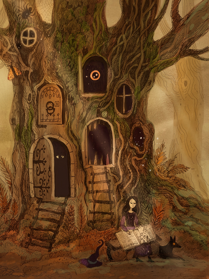 Whimsical fantasy treehouse illustration by Lena Yampolski featuring magical doors, hidden windows, a young witch reading beside a black fox, and enchanted forest details in warm earthy tones. Vertical giclée wall art for cozy home decor.