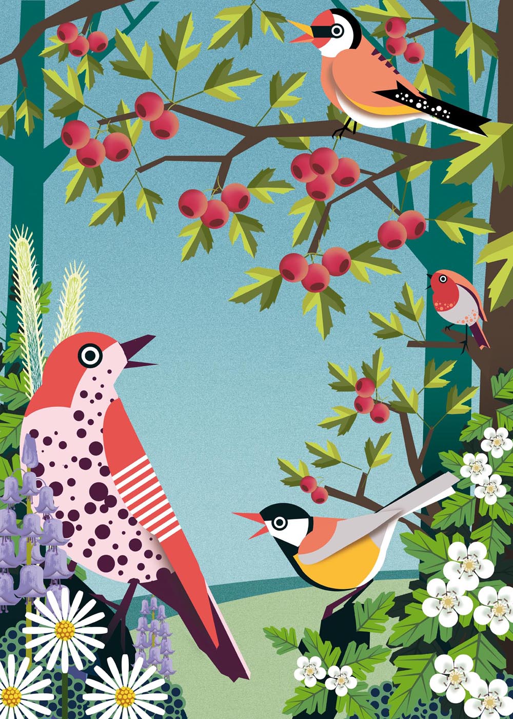 Colorful spring bird illustration by Studio Frits – decorative art print featuring garden birds among blooming cherry blossoms and wildflowers. Vibrant nature-inspired wall art perfect for spring-themed decor, bird lovers, and botanical art collectors. High-quality giclée print ideal for brightening up living rooms, kitchens, or nature-inspired interiors