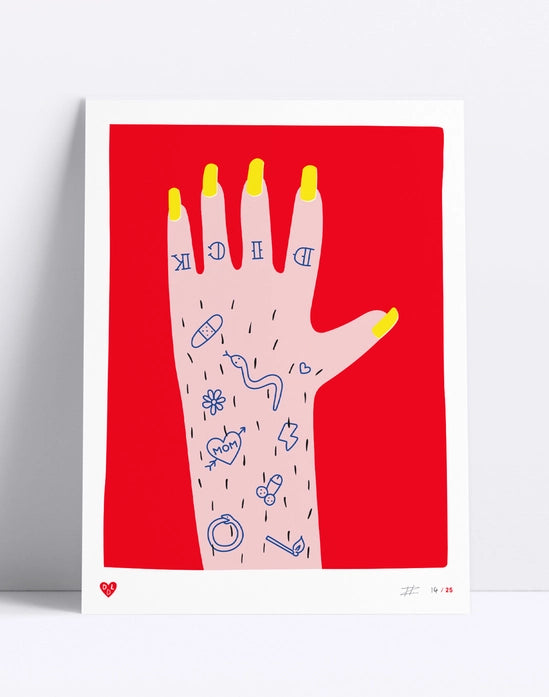 Playful hand-illustration with yellow nails and humorous tattoos on pink skin, bold red background – Nailed it hand by Dicks Don’t Lie, limited edition screenprint.