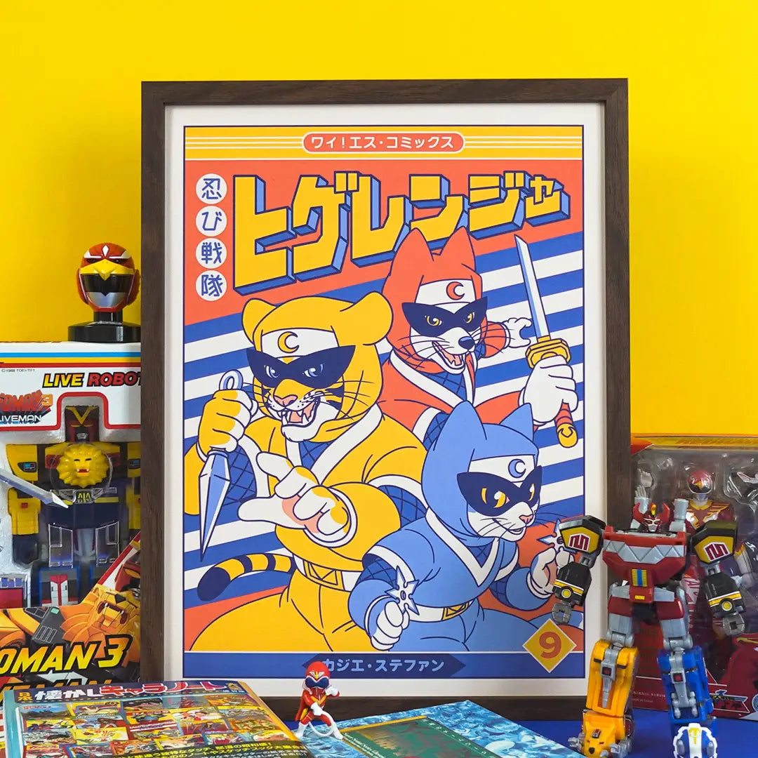 Shinobi Sentai Higeranger Vol.9 art print by Yeaaah! Studio, A4 size, inspired by Shôwa-era manga and tokusatsu series. Features three mustached ninja cats in colorful suits with Japanese text, printed on Old Mill Premium White 300g paper, digital print, unframed, made in France.