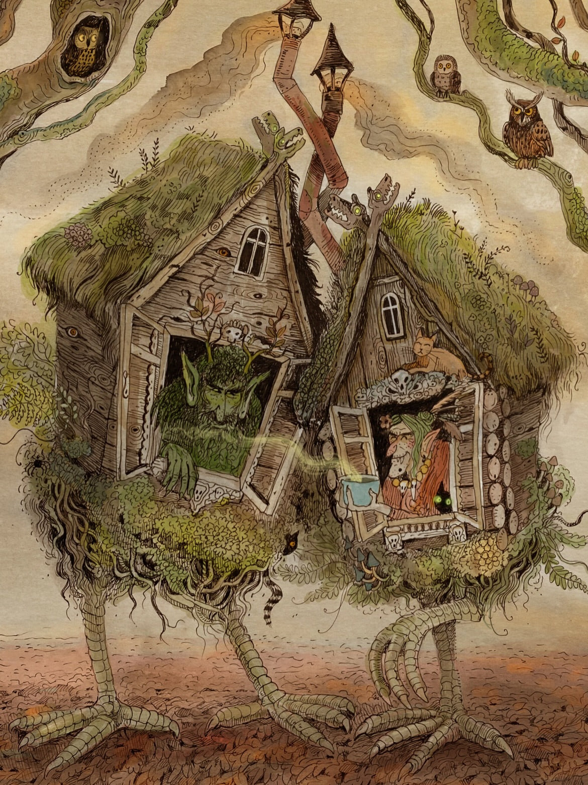 Whimsical folklore-inspired giclée art print featuring two walking woodland cottages on bird-like legs, magical creatures, owls, witches, and detailed forest elements in earthy tones. Vertical fantasy wall art for cozy home decor.