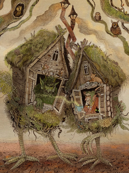 Whimsical folklore-inspired giclée art print featuring two walking woodland cottages on bird-like legs, magical creatures, owls, witches, and detailed forest elements in earthy tones. Vertical fantasy wall art for cozy home decor.