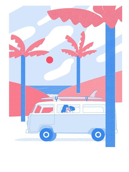 A2 risograph print by Belgian illustrator Studio Stoutpoep featuring a colorful retro campervan named Fanny, inspired by a road trip in Sardinia, printed in limited edition with eco-friendly inks.