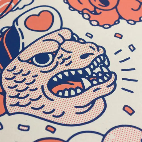 Nihon art print by Yeaaah! Studio featuring colorful Japanese pop culture icons including sushi, ramen, Daruma doll, octopus mascot, Godzilla-style fish, and red panda, in orange, blue, and cream tones. Printed on 300g Old Mill Premium White paper, 30x40 cm, digital print, made in France, unframed.