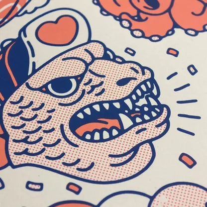 Nihon art print by Yeaaah! Studio featuring colorful Japanese pop culture icons including sushi, ramen, Daruma doll, octopus mascot, Godzilla-style fish, and red panda, in orange, blue, and cream tones. Printed on 300g Old Mill Premium White paper, 30x40 cm, digital print, made in France, unframed.