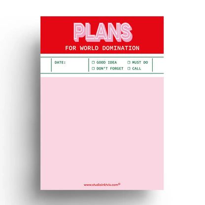 Funny red and pink notepad titled “Plans for World Domination” by Studio Inktvis, A6 size with 50 blank pages for notes, tasks, or outrageous goals, printed in the Netherlands.