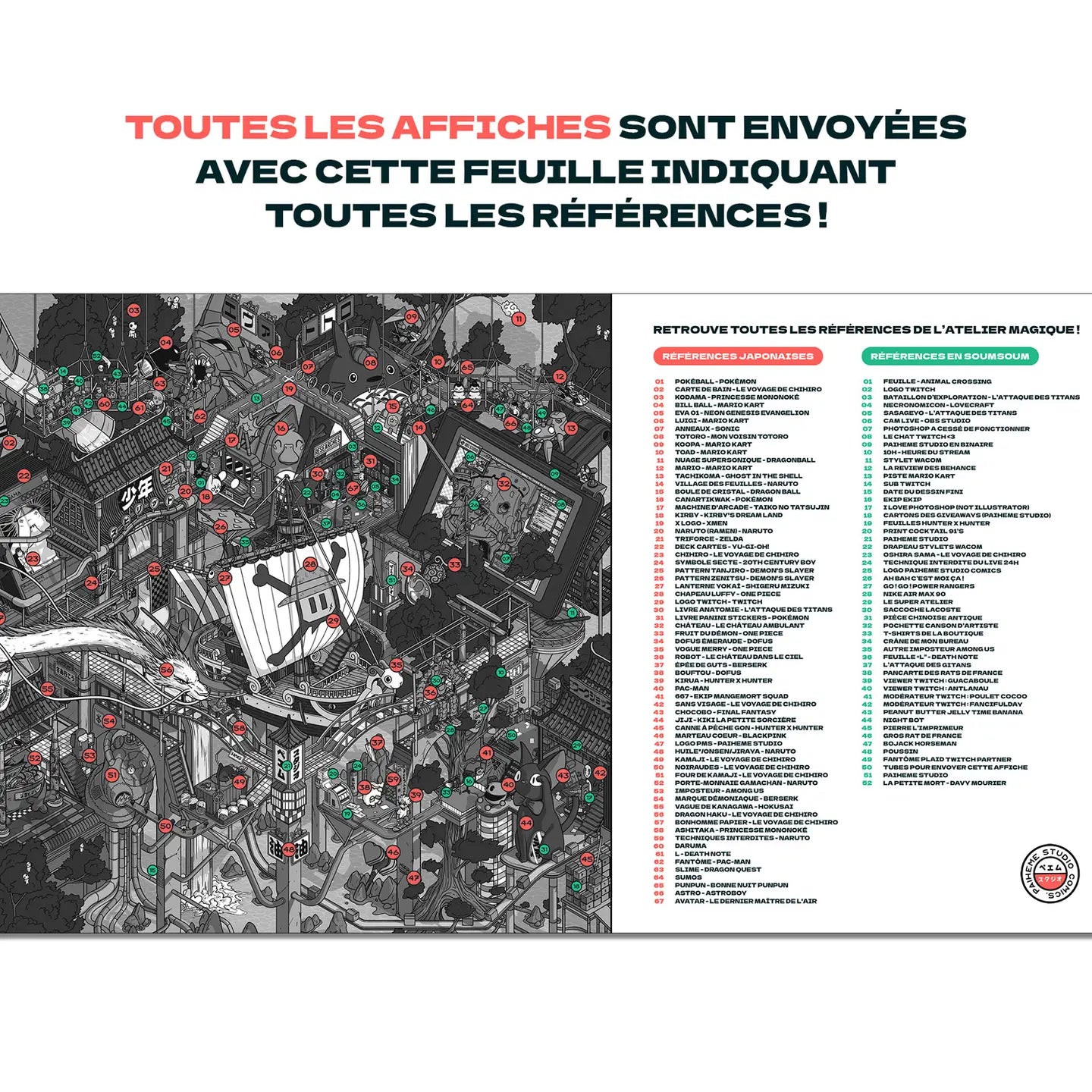 Highly detailed and vibrant illustration by Paiheme Studio titled 'Atelier Magique,' depicting a fantastical, maze-like world filled with pop culture references, Japanese architecture, anime characters, and surreal machinery. Bursting with color and intricate storytelling, this chaotic-yet-harmonious artwork invites endless exploration—perfect for fans of manga, retro futurism, and Japanese-inspired visual worlds