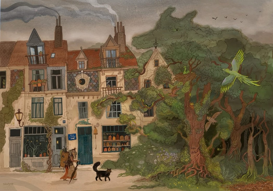 Whimsical forest and Brussels streetscape illustration by Lena Yampolski featuring historic townhouses, enchanted trees, birds, woodland creatures, and folklore-inspired details in soft green and earthy tones. Giclée wall art print for cozy home decor.