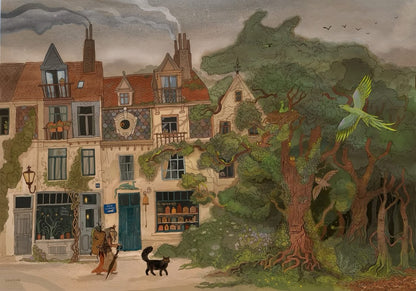 Whimsical forest and Brussels streetscape illustration by Lena Yampolski featuring historic townhouses, enchanted trees, birds, woodland creatures, and folklore-inspired details in soft green and earthy tones. Giclée wall art print for cozy home decor.