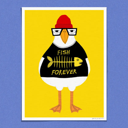Funny seagull illustration wearing red beanie and "Fish Forever" sweater – colorful and quirky art print by Dans les Dents, perfect for modern interiors, kids’ rooms, and playful wall decor.