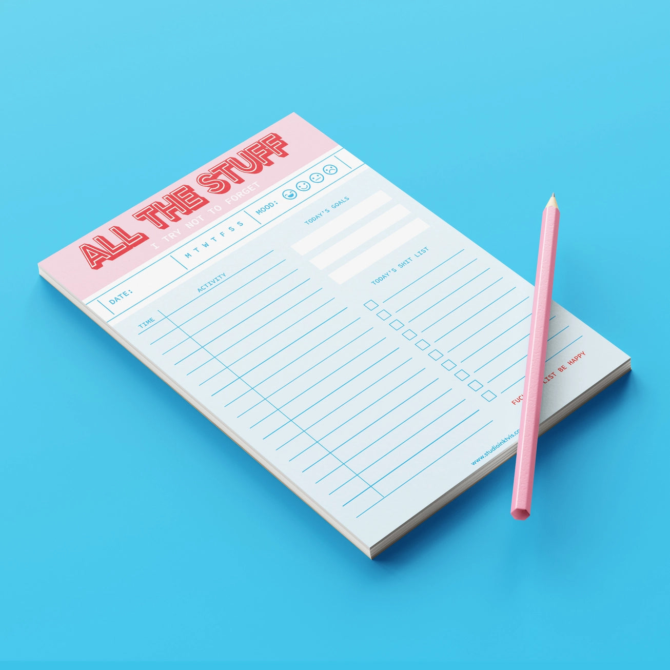 Funny and colorful A5 notepad with bold red and pink lettering, including to-do lists, goals, mood tracker and humorous sections like "Today’s Shit List" – designed by Dutch brand Studio Inktvis and printed in the Netherlands.