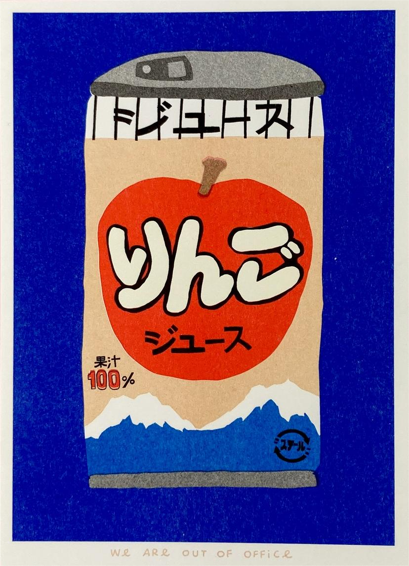Colorful risograph print by We Are Out Of Office showing a can of Japanese apple juice with Mount Fuji in the background, printed in red, blue, and beige tones on eco-friendly paper – modern pop art wall decor for design lovers.